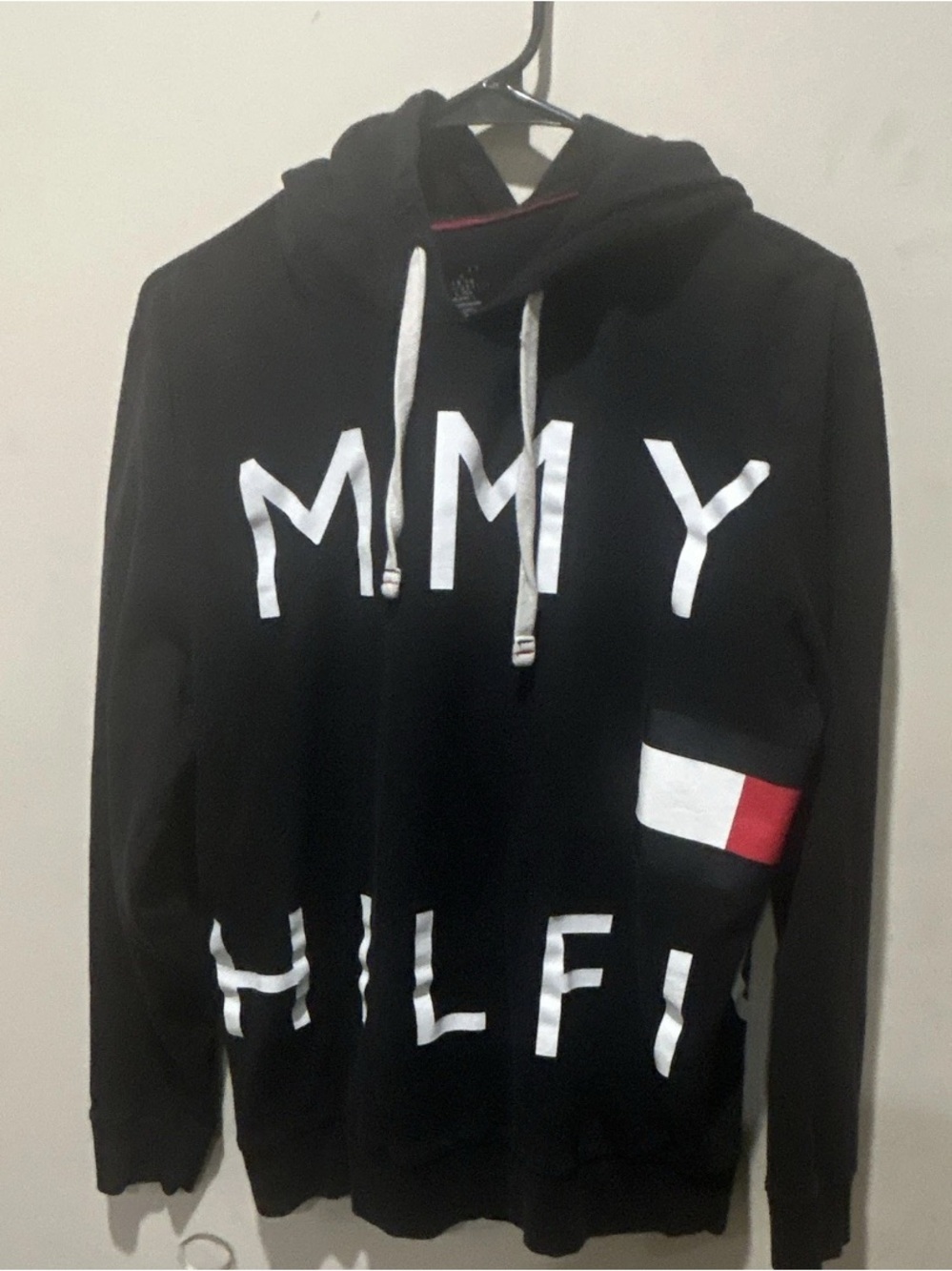 Tommy Hilfiger Black Hoodie with White Logo and Flag Detail